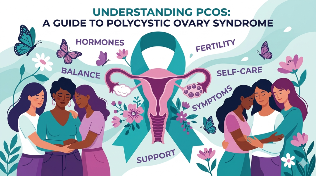 Understanding PCOS infographic featuring diverse women embracing, with keywords like "Hormones," "Fertility," "Self-Care," and "Support," alongside a graphic of the female reproductive system and floral elements.