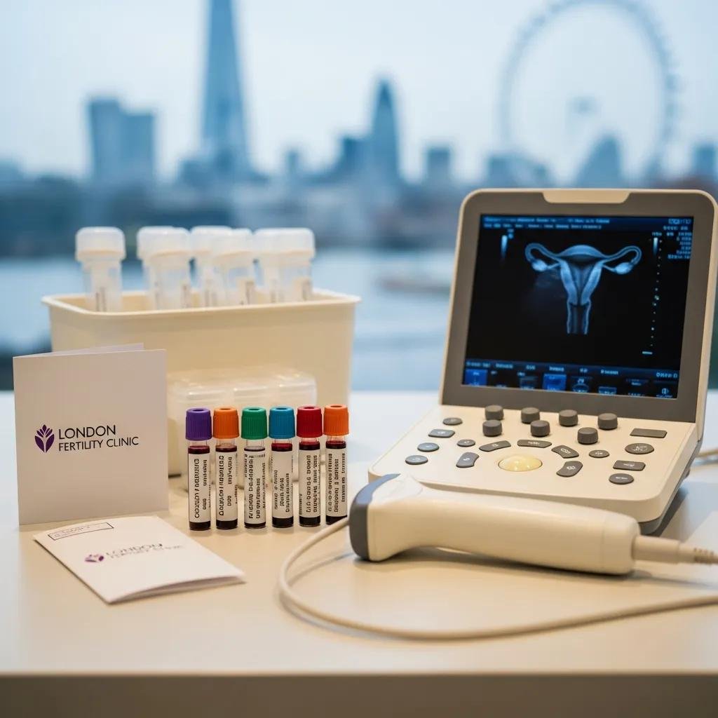 Close-up of a fertility assessment kit with blood test vials and ultrasound equipment, representing diagnostic services in London