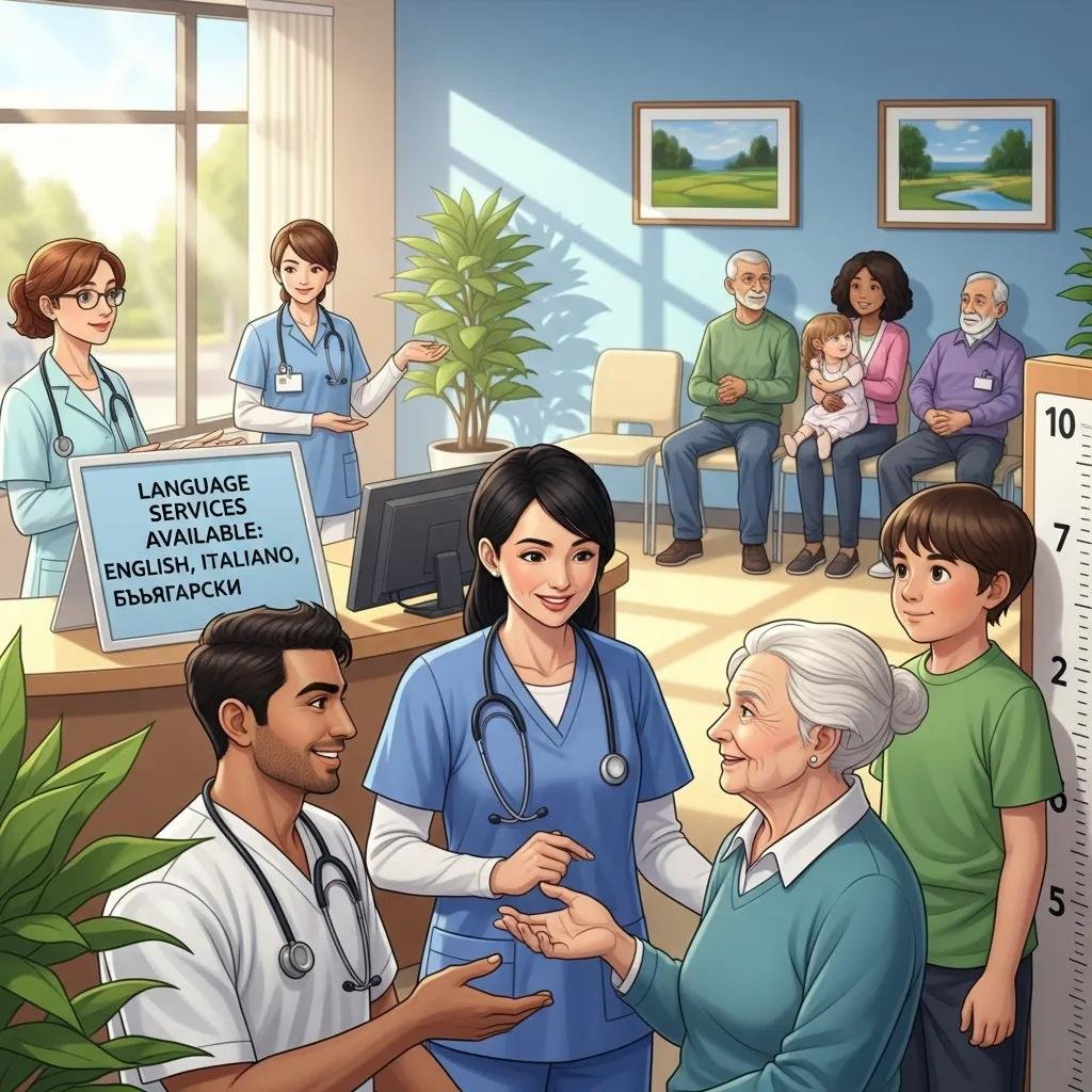 Diverse healthcare professionals providing multilingual support in a clinic