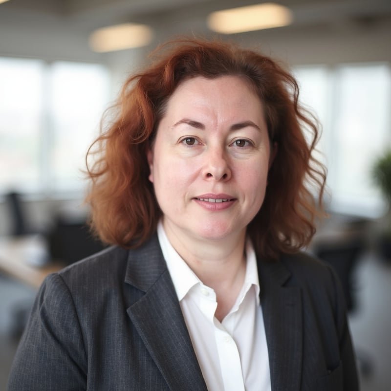 Dr. Anastasia Mermigka, consultant gynaecologist in London, wearing a professional suit, with a modern clinic background, offering private consultations in Italian.