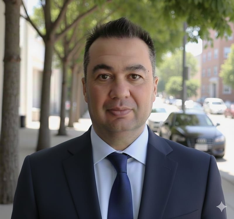 Dr. Georgios Schoinas, GP in suit, standing outdoors in Central London, with trees and cars in background, representing personalized healthcare services at AristoGp.