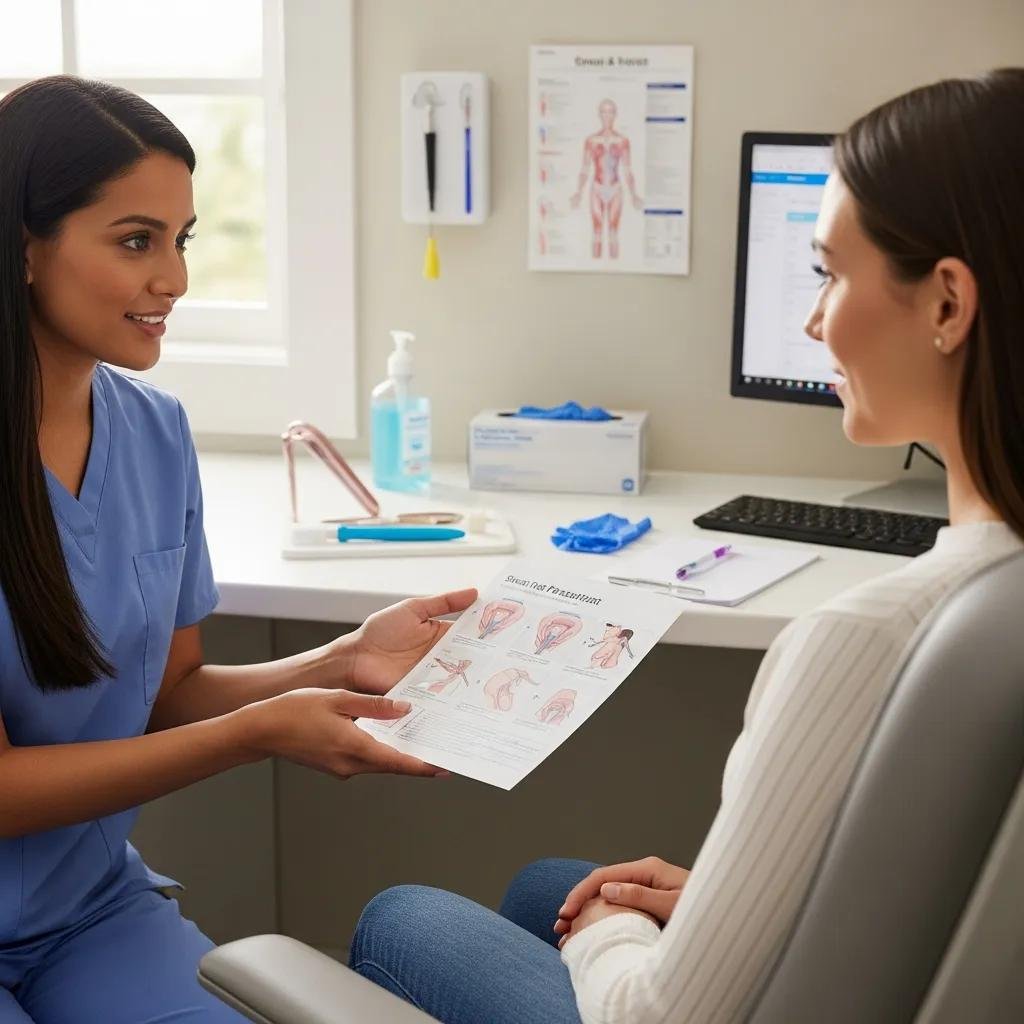 Healthcare professional explaining the smear test procedure to a patient in a clinical setting