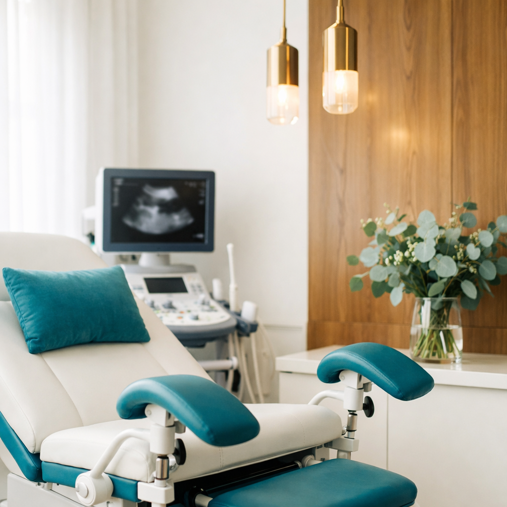 Gynaecological examination room featuring a comfortable examination chair, ultrasound machine, and decorative plants, emphasizing women's health care at AristoGP in Central London.