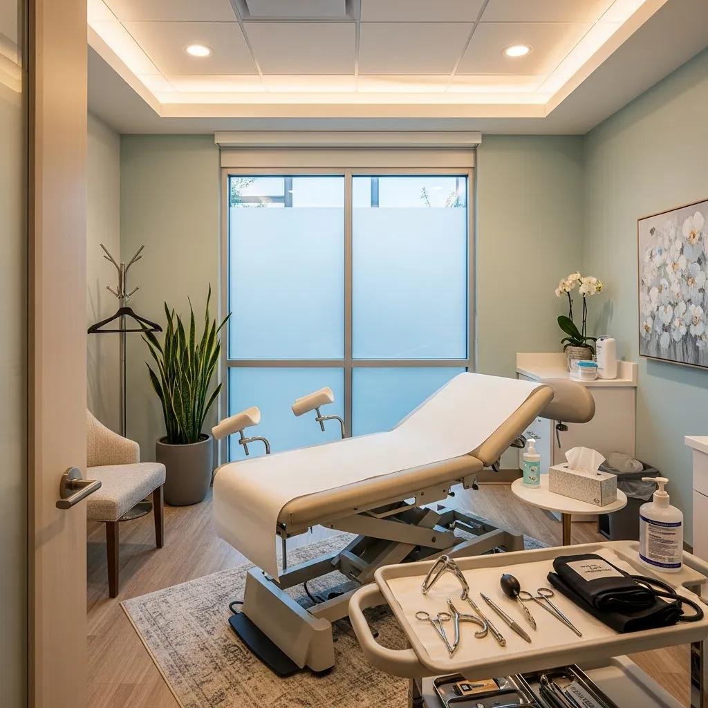 Private clinic examination room for women's health screenings, featuring an adjustable examination table, medical instruments, and a calming environment with natural light and decorative plants, emphasizing comfort and privacy for cervical screenings and gynaecological check-ups.