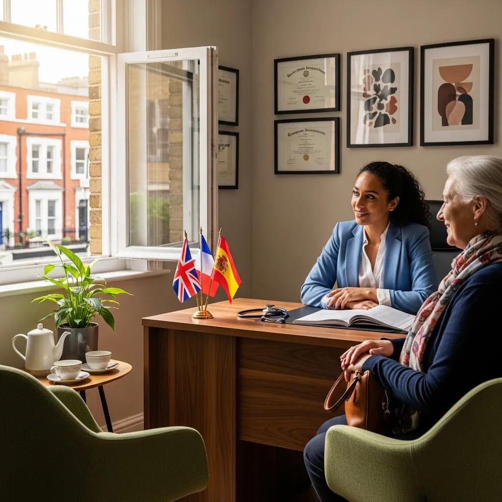 Multilingual doctor and patient consultation in a private GP office, featuring British, French, and Spanish flags, emphasizing personalized healthcare in London.