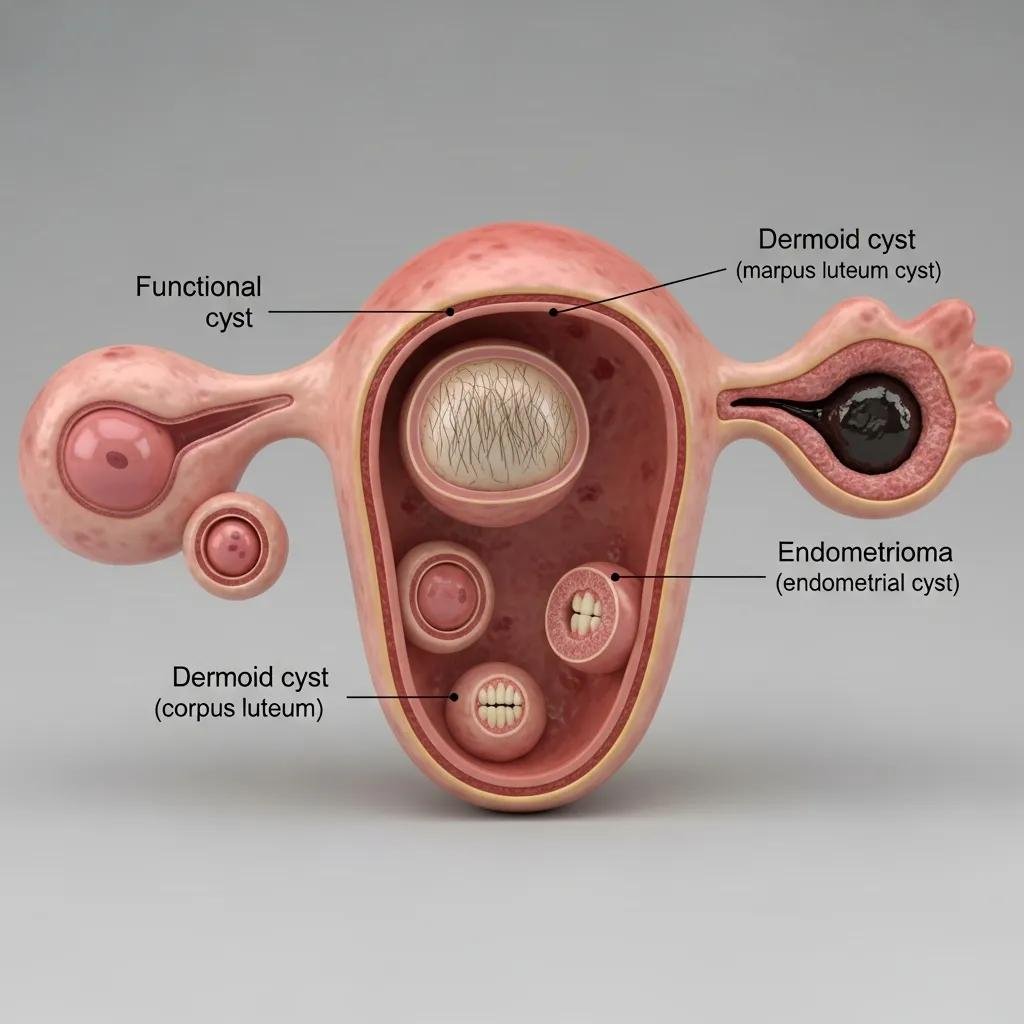 3D anatomical model illustrating various types of ovarian cysts including functional, dermoid, and endometriomas