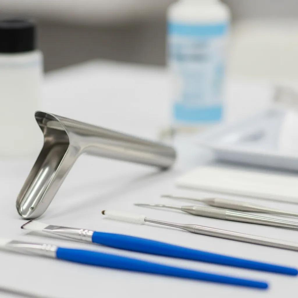Cervical smear test instruments arranged in a sterile environment