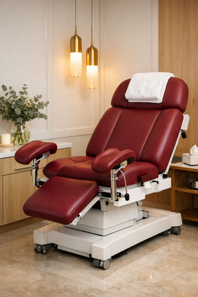 Gynaecology examination plinth in a private consultation room, featuring adjustable red upholstery for patient comfort during women's health assessments.