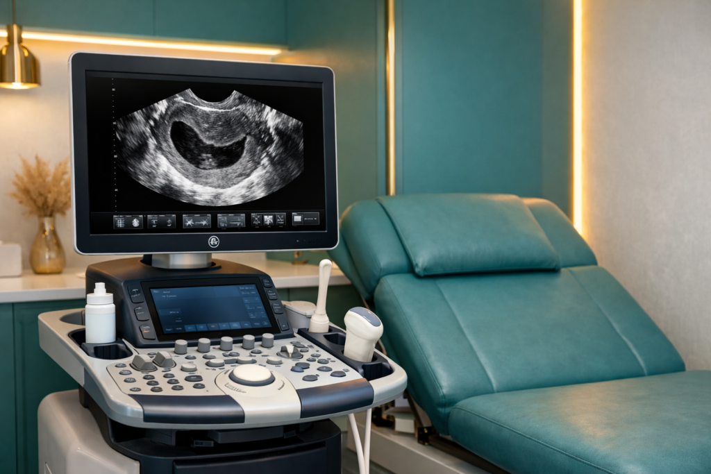High-resolution ultrasound machine displaying transvaginal scan image in a modern gynaecology clinic setting, with teal examination chair and medical equipment.