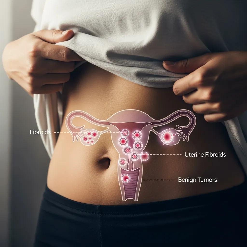 Close-up of a woman's abdomen illustrating the location of uterine fibroids and associated discomfort