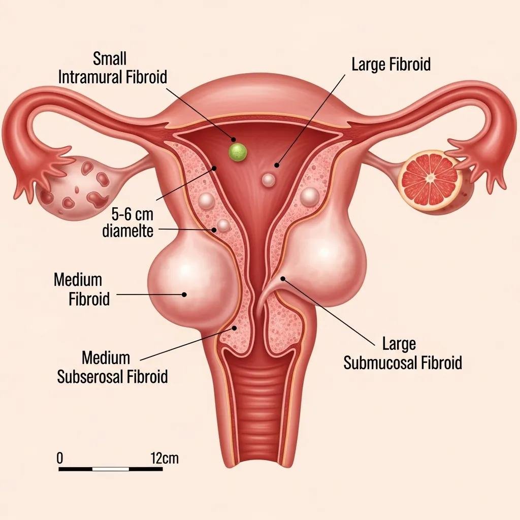 Comparison of uterine fibroid sizes illustrating small, medium, and large fibroids