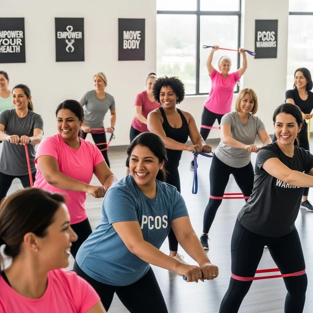 Diverse group of women participating in a fitness class for PCOS management