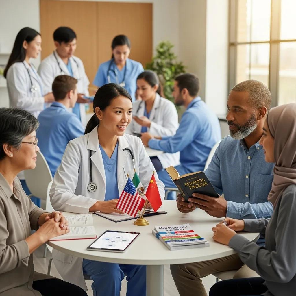 Diverse healthcare professionals providing multilingual consultations in a supportive environment