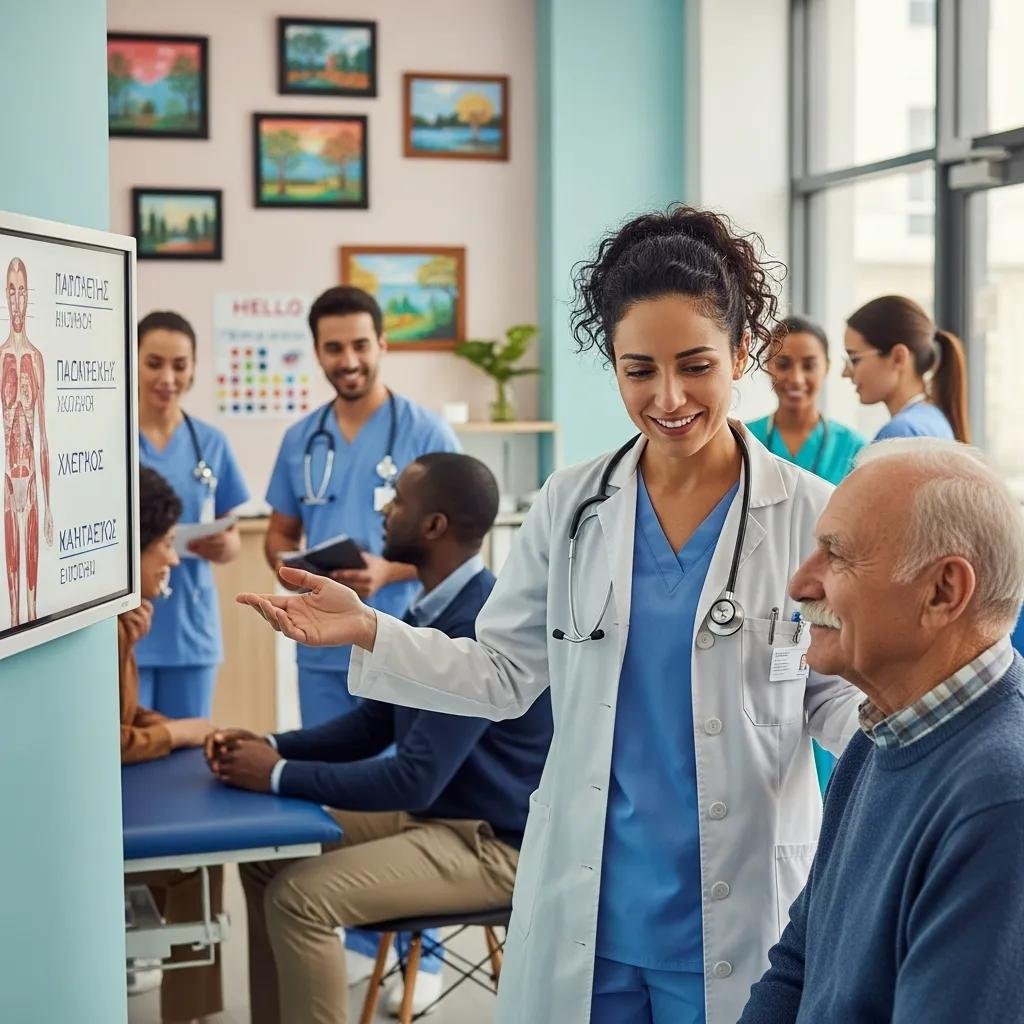 Diverse healthcare professionals providing multilingual support in a clinic