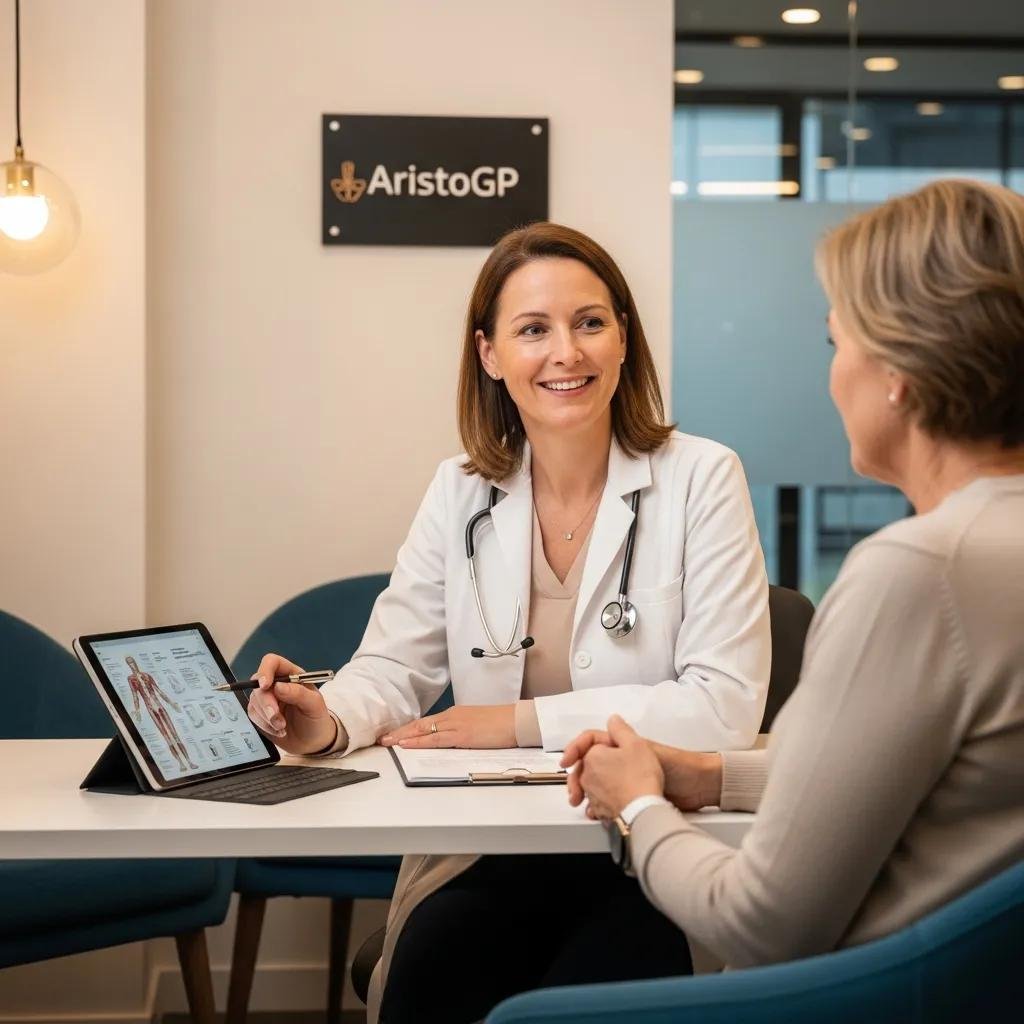 Female doctor in white coat consulting with patient about menopause care at AristoGP, featuring tablet with health information and clinic branding in background.