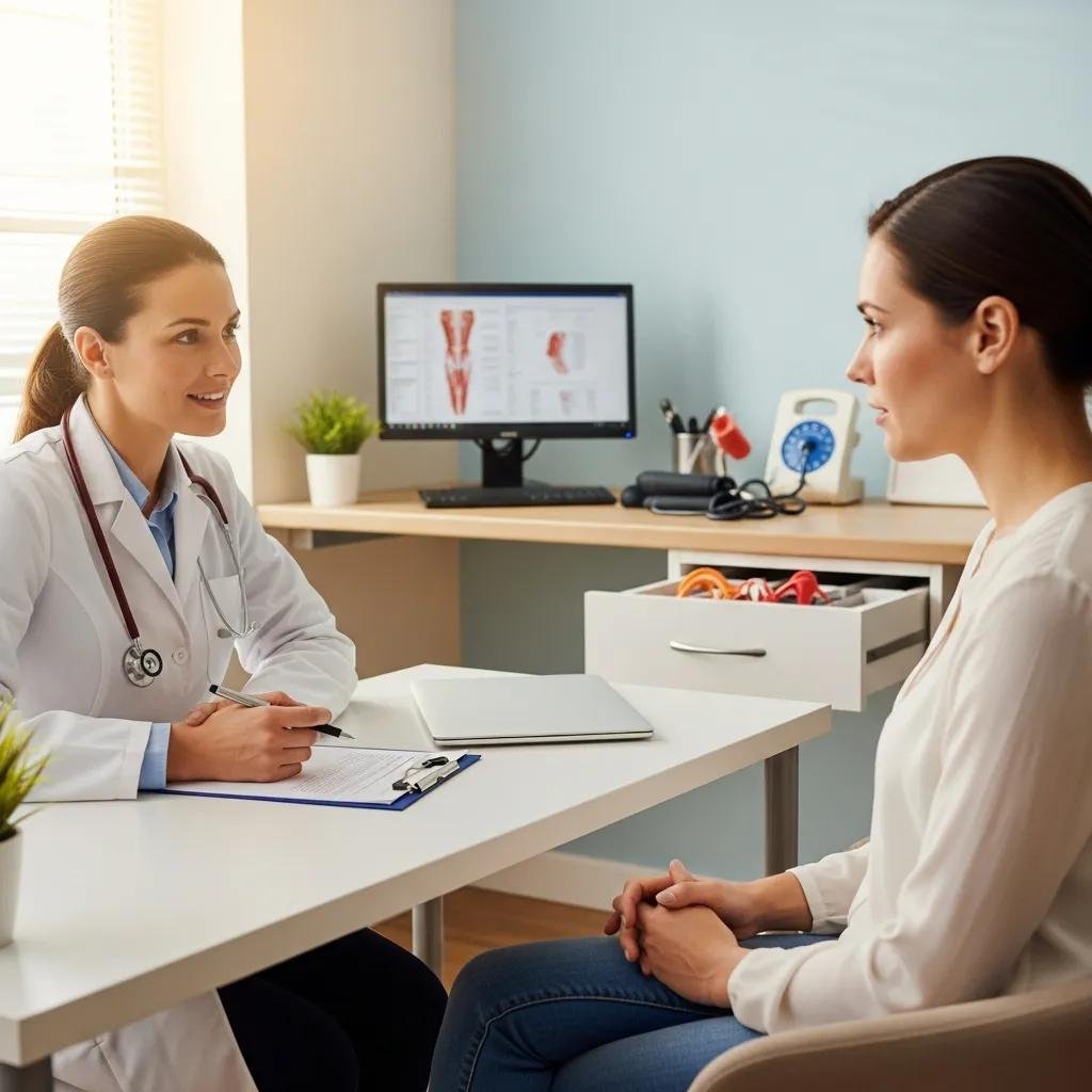 Female gynaecologist consulting with a patient in a bright medical office