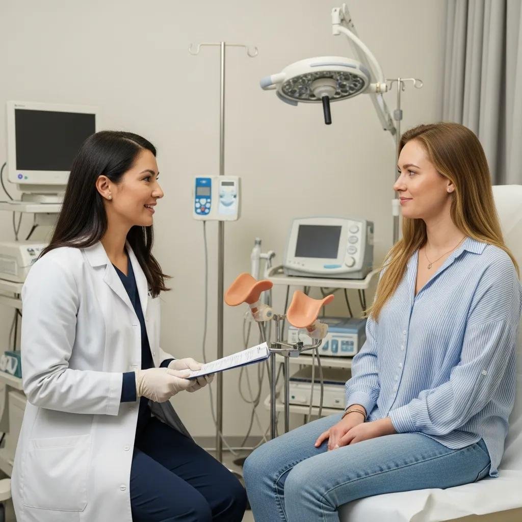 Female gynaecologist consulting with a patient in a private clinic, emphasizing expert care in women's health, with medical equipment in the background.