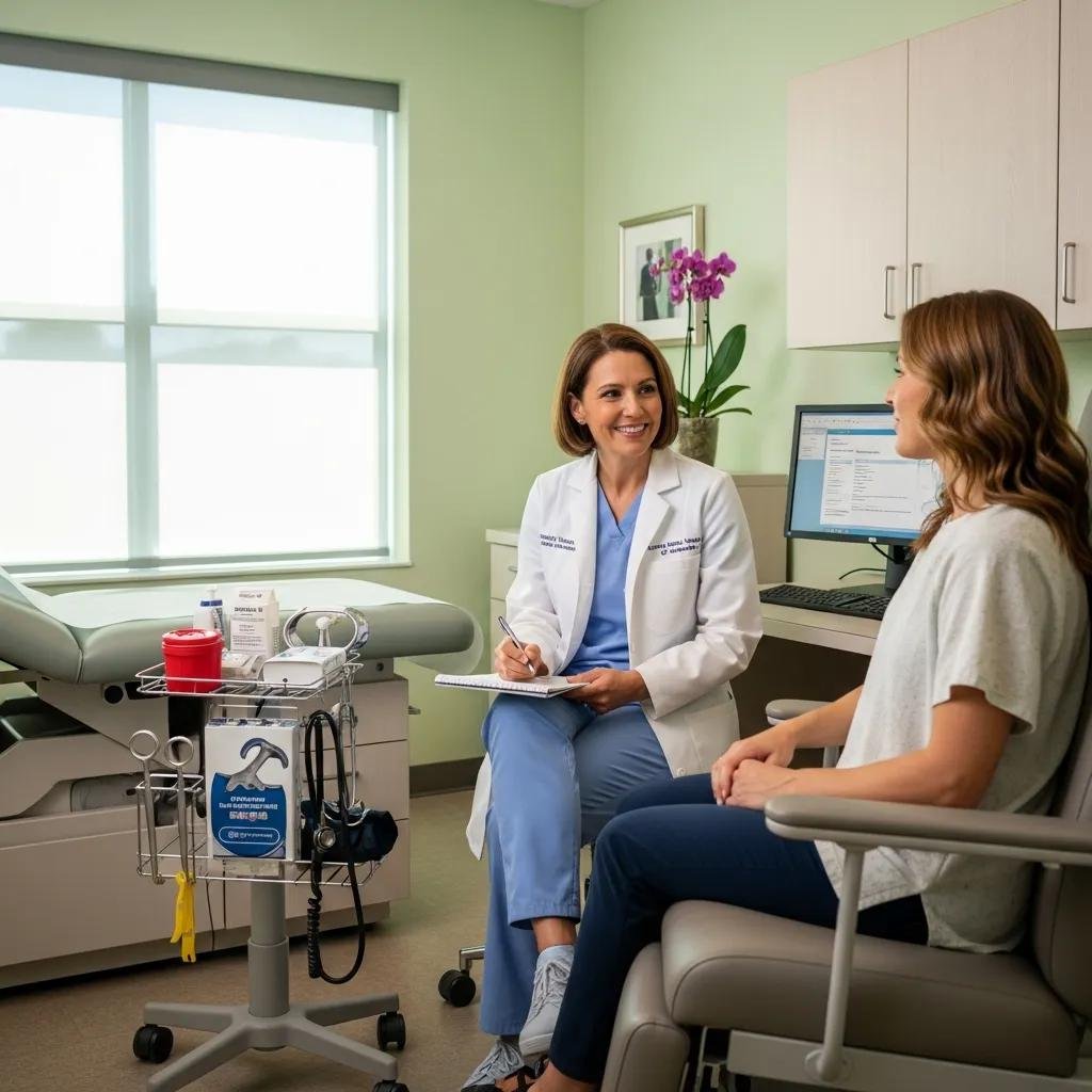 Female gynaecologist consulting with a patient in a private examination room