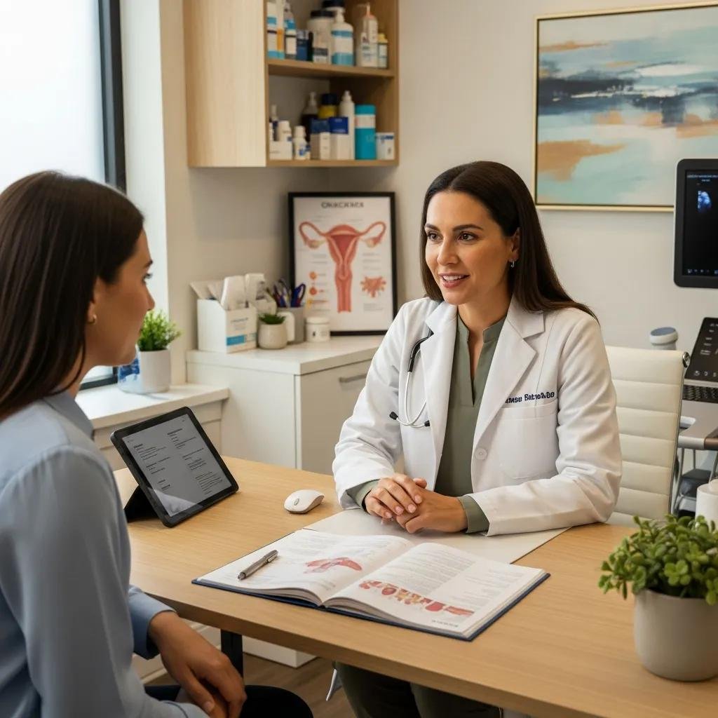 Female gynaecologist consulting with a patient in a supportive clinical environment, focusing on women's health