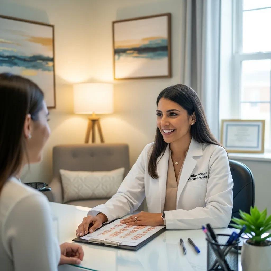 Female gynaecologist consulting with a patient in a welcoming consultation room