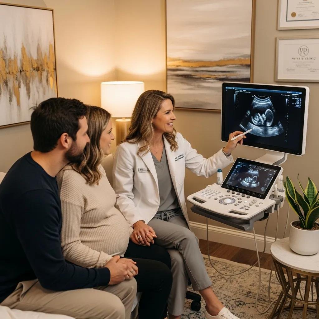 Female gynaecologist discussing ultrasound results with expectant parents