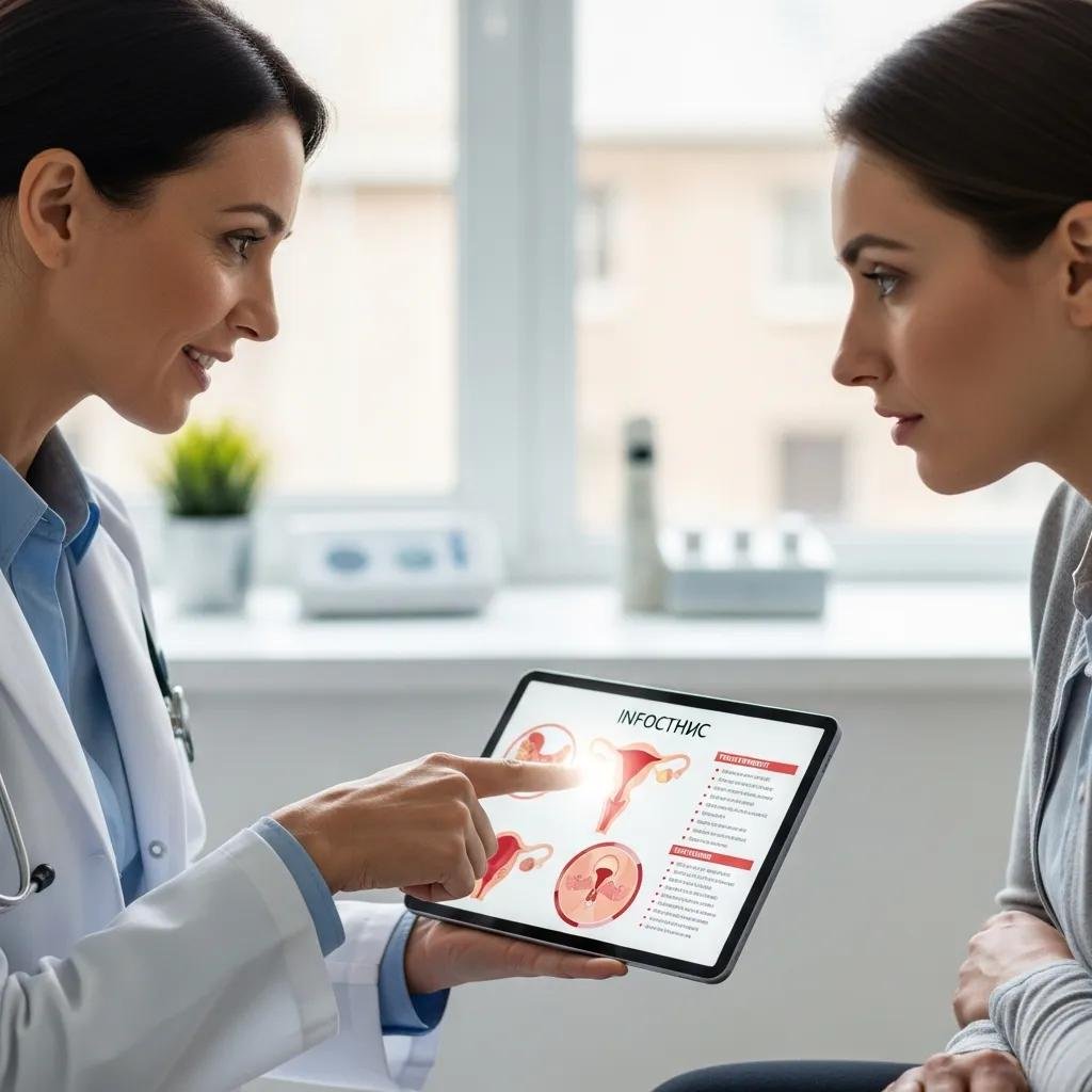 Female gynaecologist explaining treatment options to a patient using a digital tablet in a private consultation