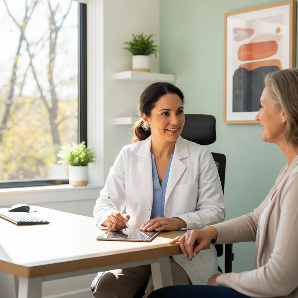 Female gynecologist providing compassionate care to a patient discussing menopause