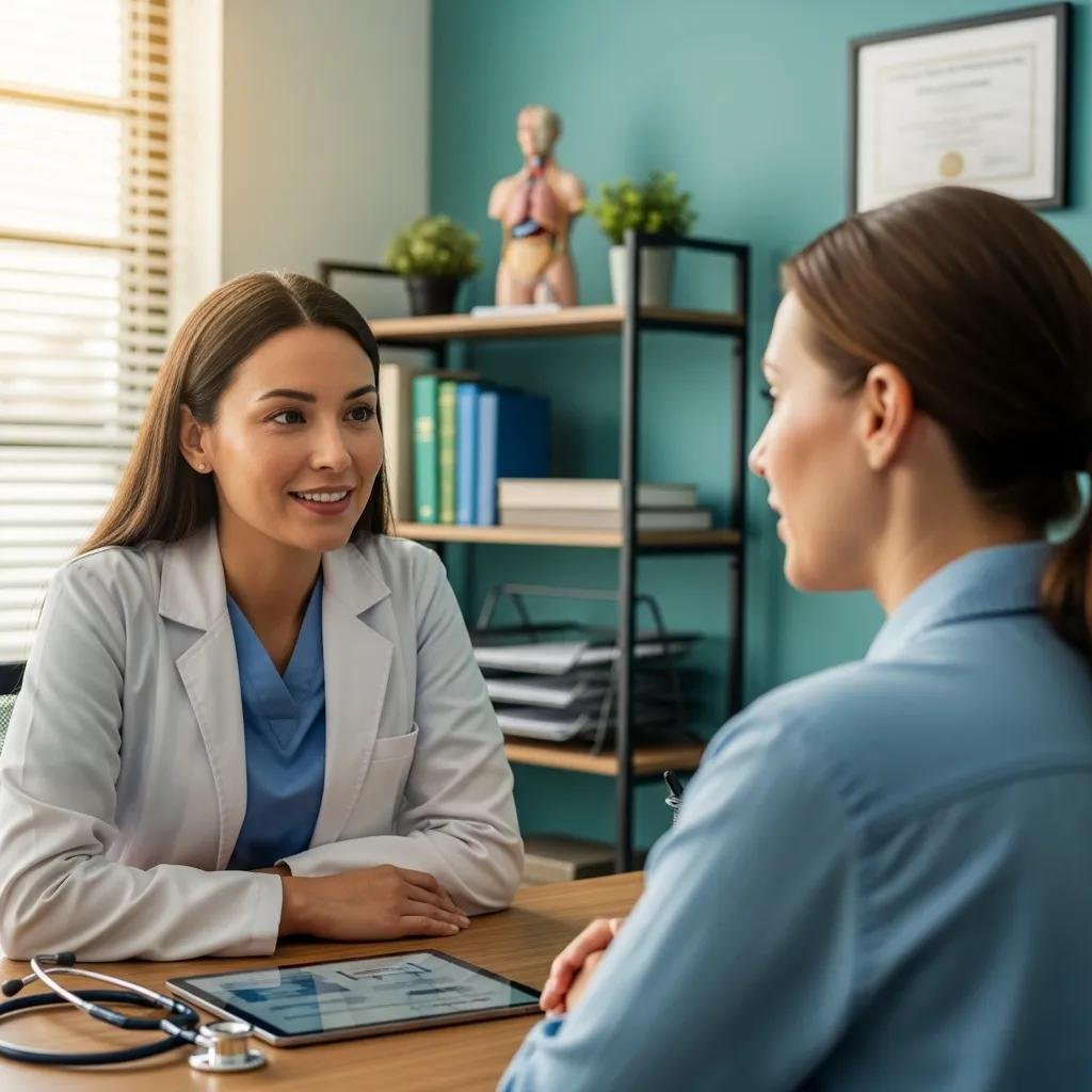 Female healthcare professional consulting with a patient about PCOS care