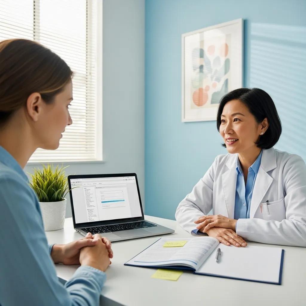 Female patient consulting with a female doctor about endometriosis diagnosis in a warm clinic setting