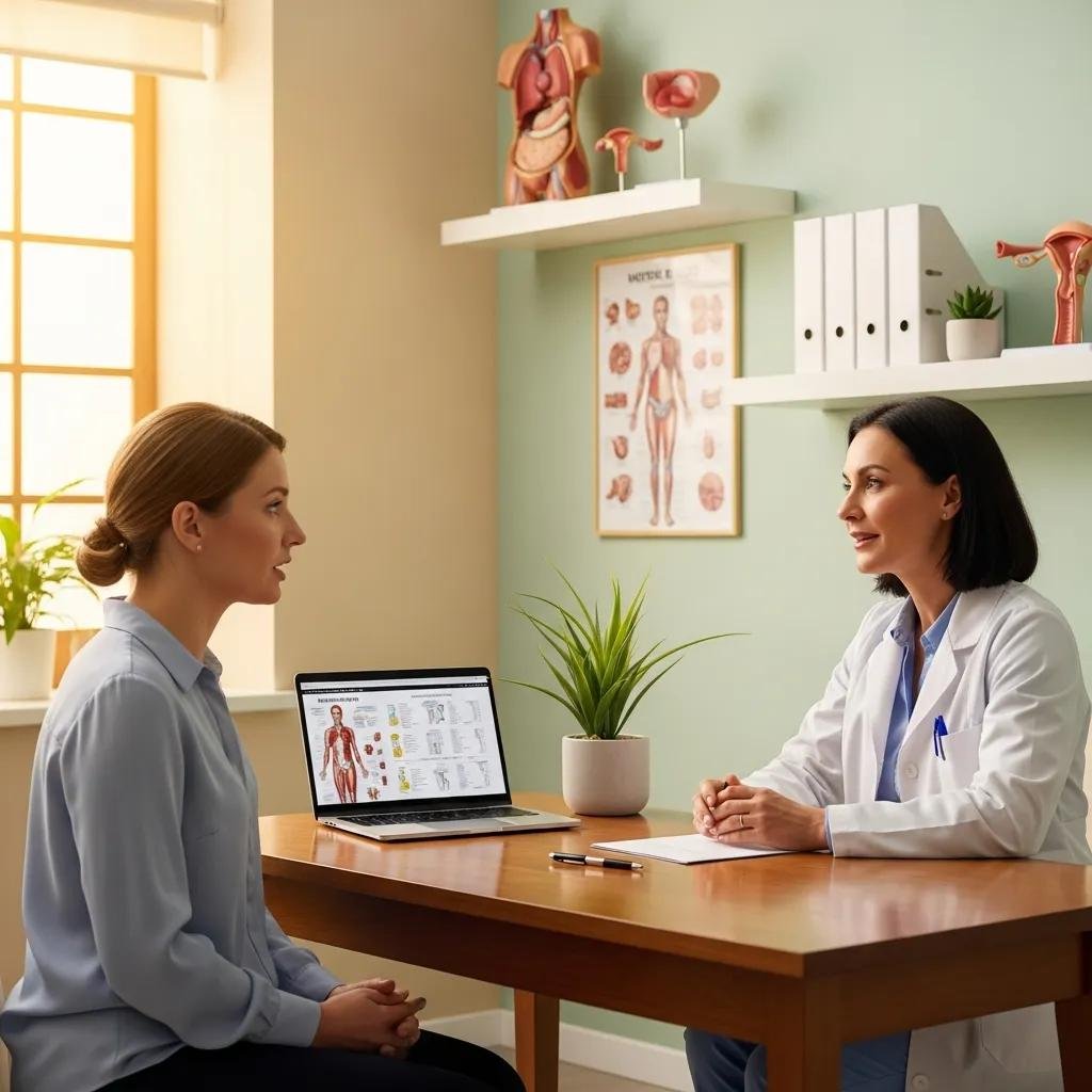 Female patient consulting with a female gynaecologist about ovarian cyst treatment in a modern clinic
