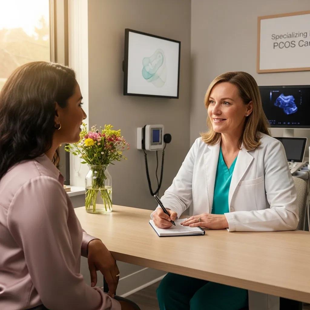 Female patient consulting with a female gynaecologist in a modern clinic, discussing Polycystic Ovary Syndrome (PCOS) treatment, with a focus on personalized care and diagnosis.