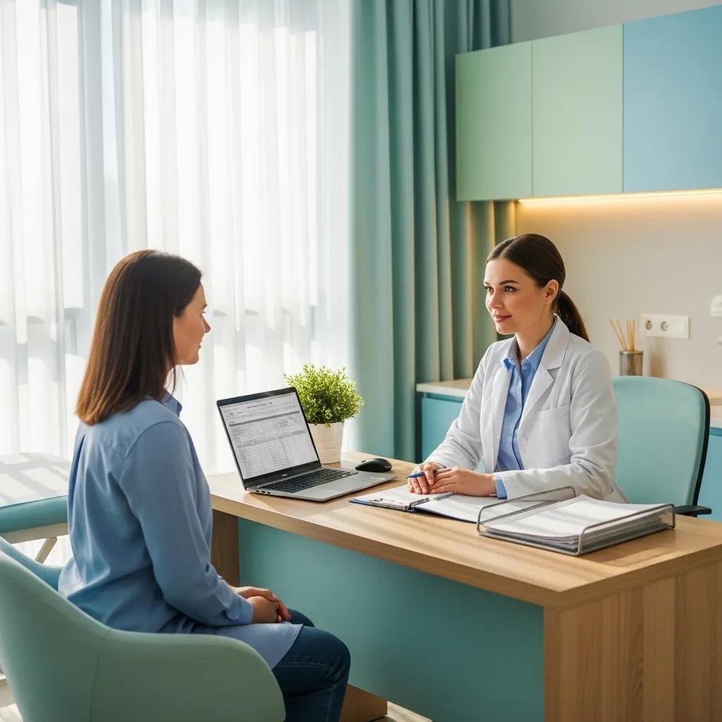Female patient consulting with a female gynecologist in a modern clinic, emphasizing compassionate care for heavy menstrual bleeding