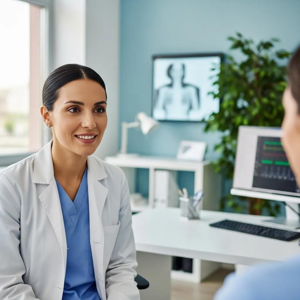 Greek-speaking female doctor consulting with a patient in a modern clinic, emphasizing culturally sensitive healthcare at AristoGP in London.