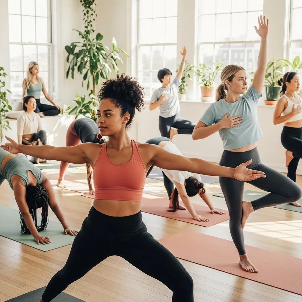 Group of women practicing yoga, illustrating stress management for menstrual health