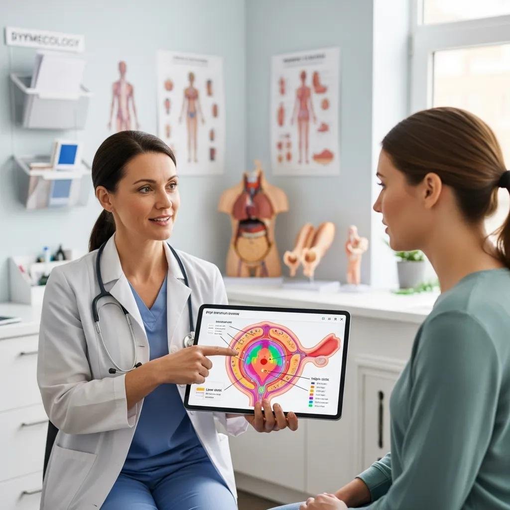 Gynaecologist explaining HPV testing to a patient in a clinical setting
