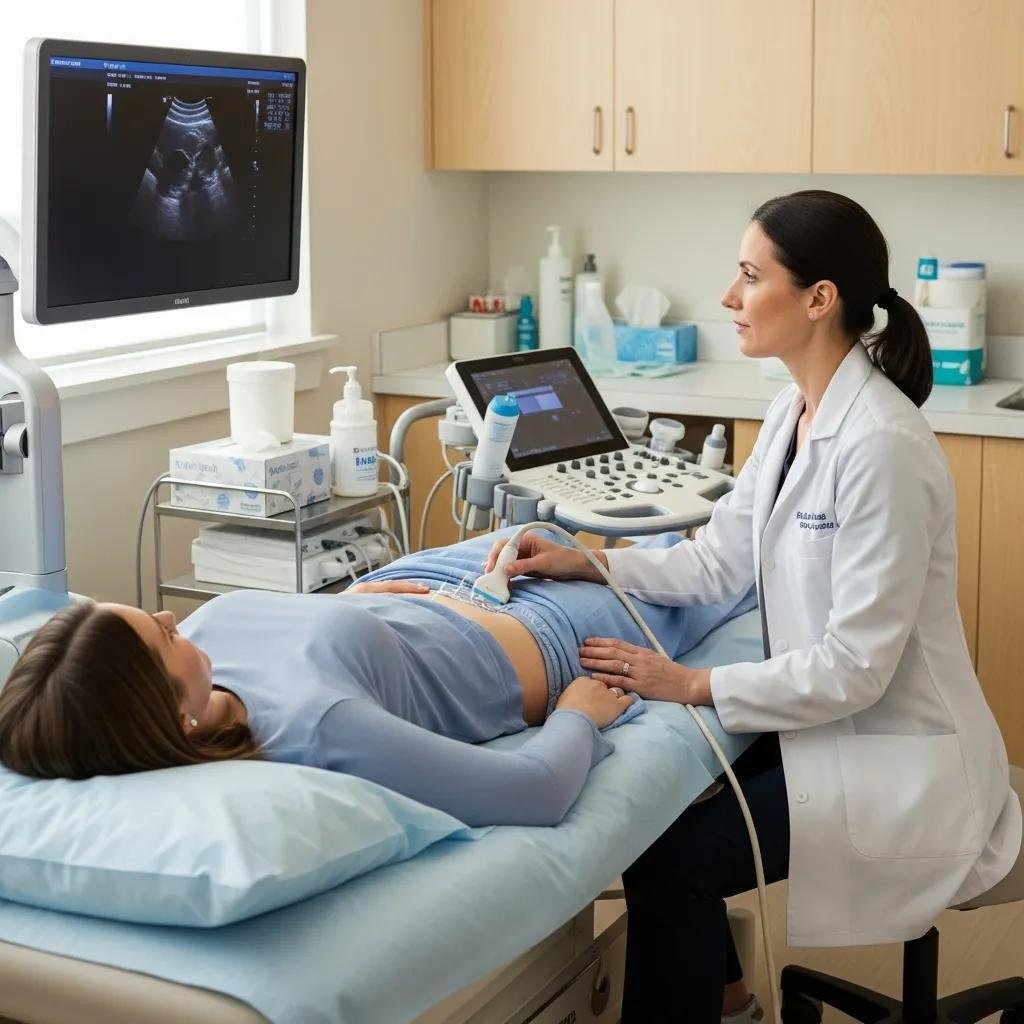Gynaecologist performing a pelvic ultrasound on a patient, highlighting the non-invasive diagnostic procedure