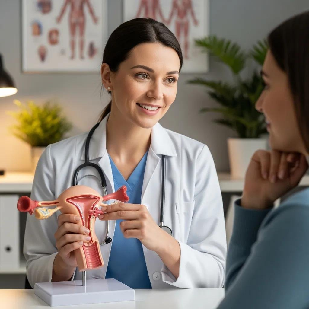 Gynecologist explaining cervical screening procedure to a patient