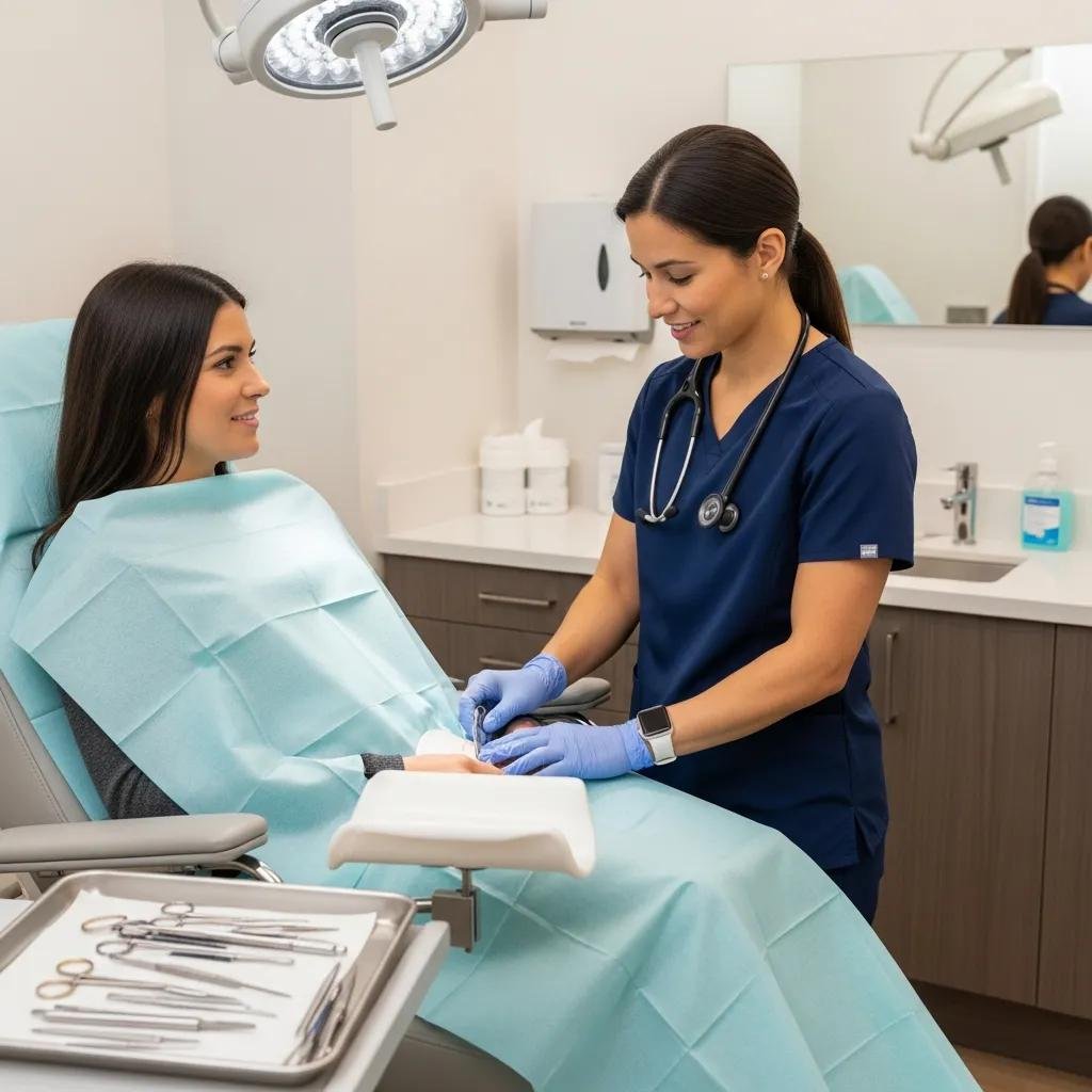 Healthcare professional conducting a pelvic examination in a private clinic for endometriosis diagnosis