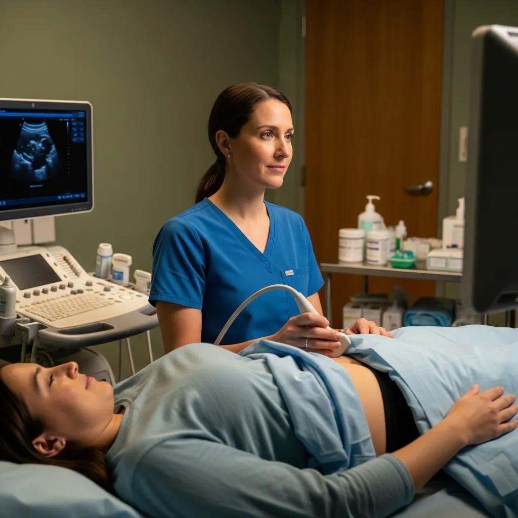 Healthcare professional conducting a pelvic ultrasound in a supportive environment
