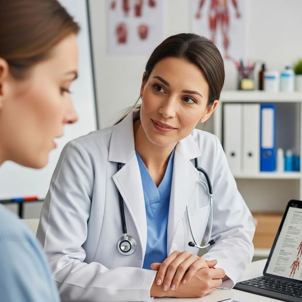 Healthcare professional consulting with a patient about HPV symptoms in a clinical environment