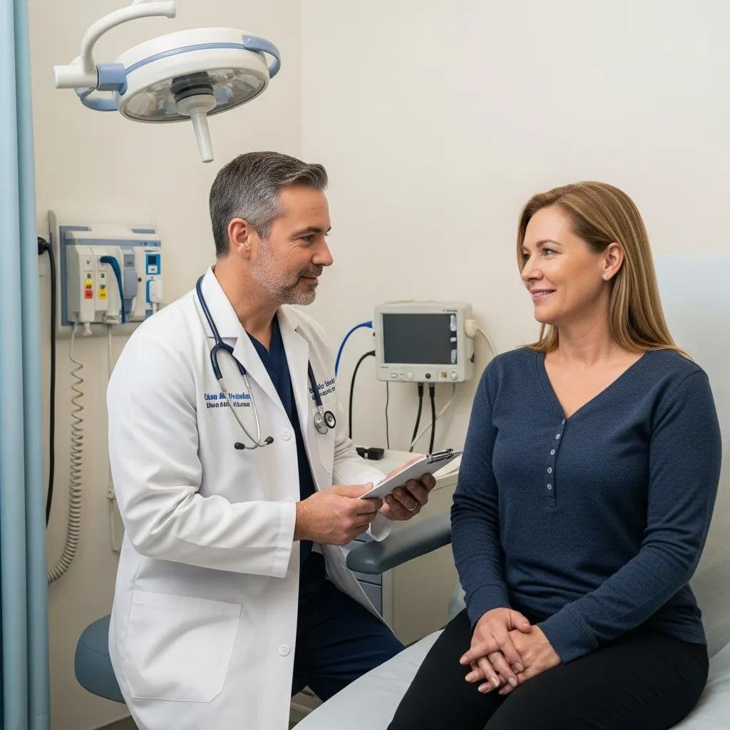 Healthcare professional consulting with a patient in a private examination room, emphasizing personalized care