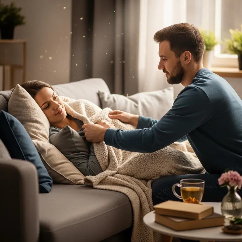 Husband providing care and support to his partner recovering from a hysterectomy