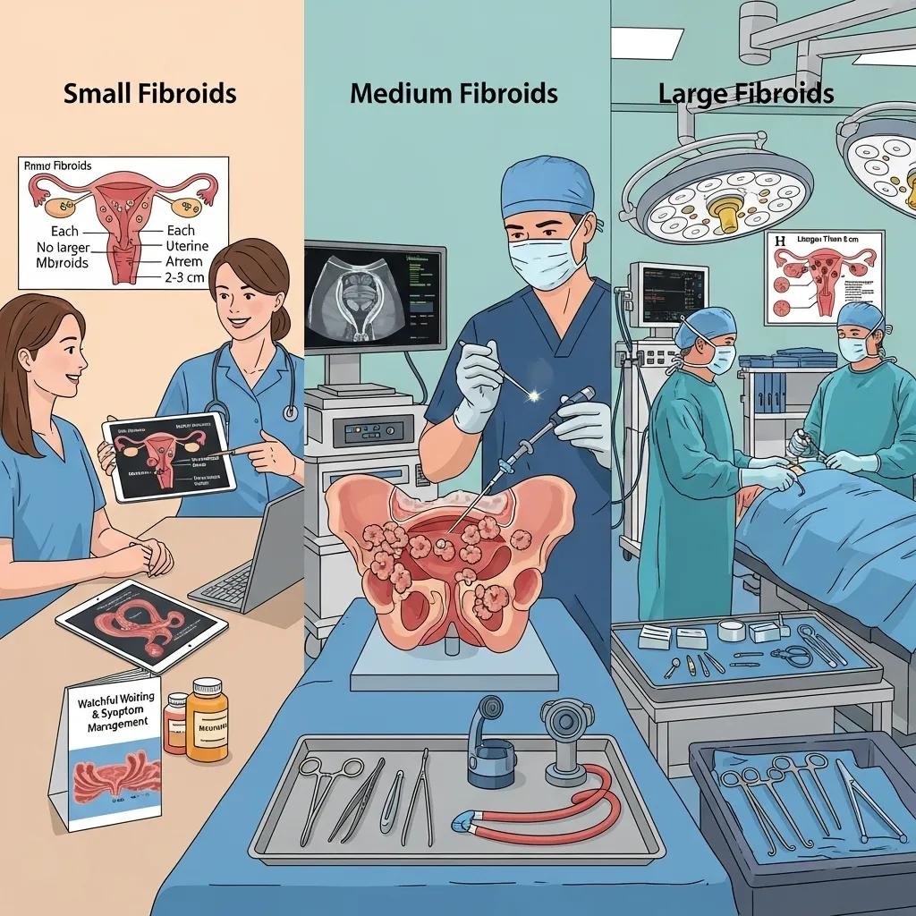 Illustration of treatment options for uterine fibroids based on size and patient needs