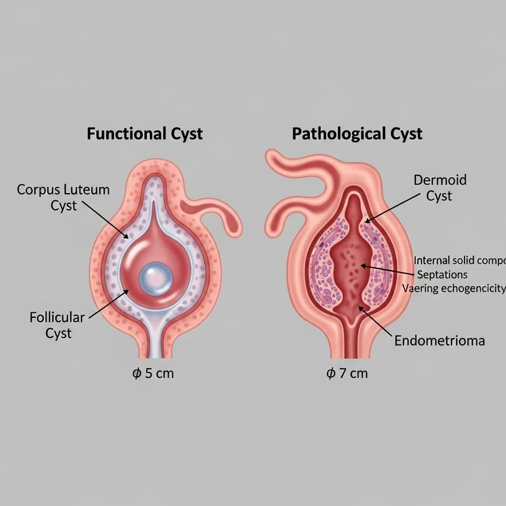 Medical diagram illustrating functional and pathological ovarian cysts