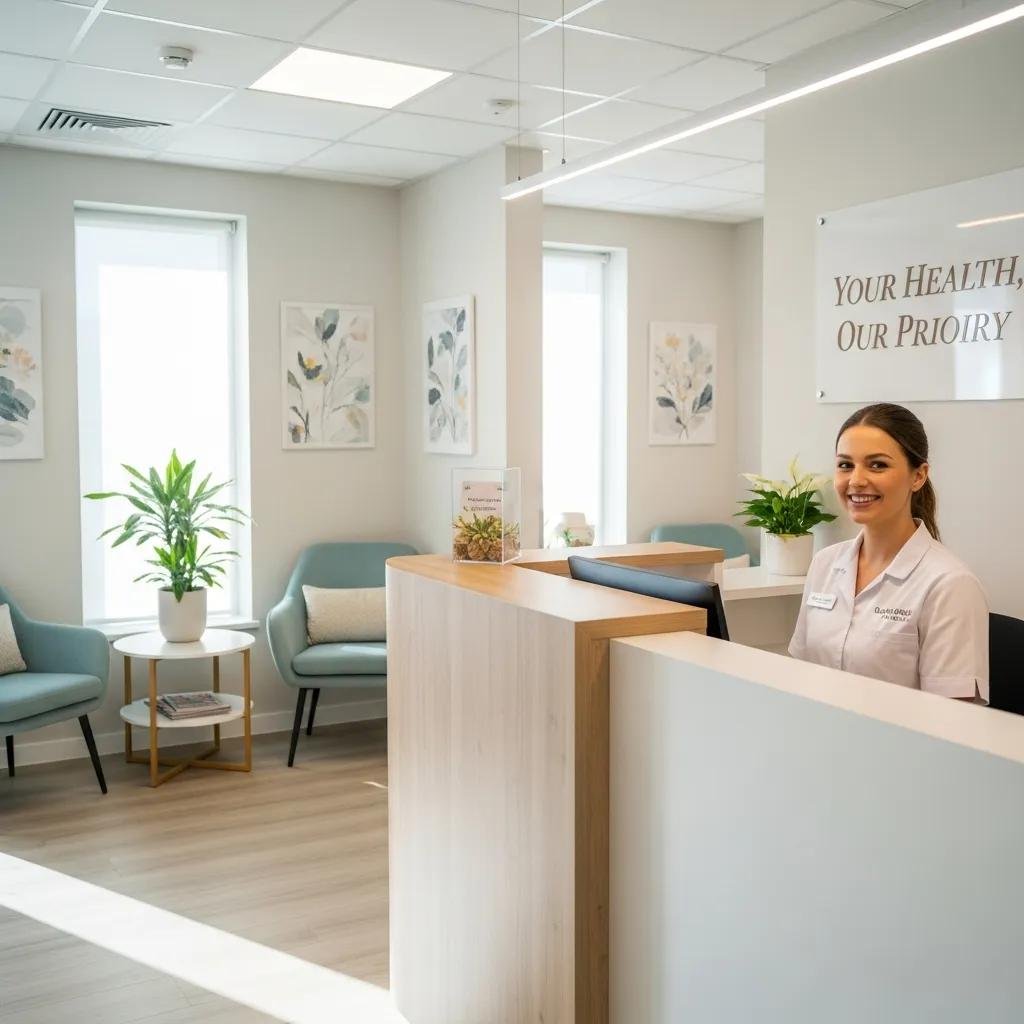 Modern gynaecology clinic reception area, emphasizing privacy and care for patients
