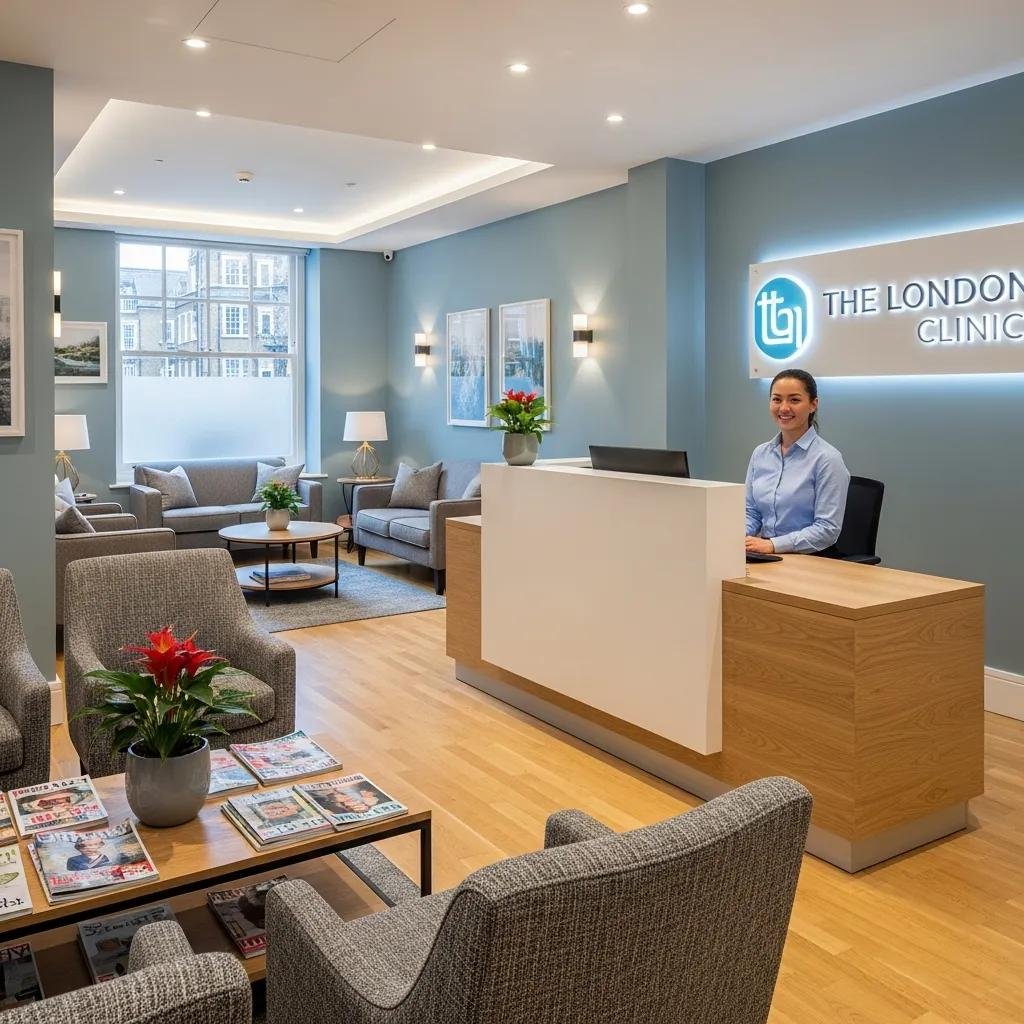 Modern private GP clinic reception area in Central London with a friendly female receptionist