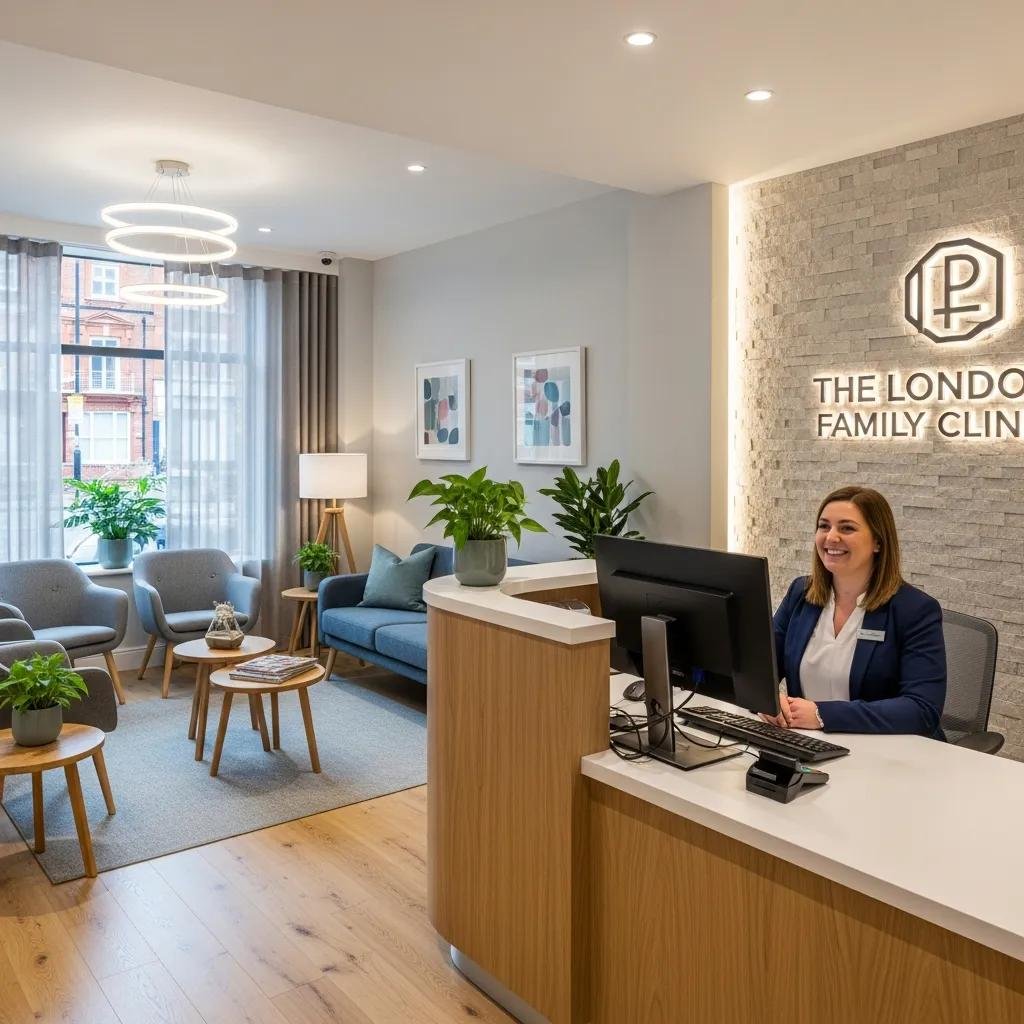 Modern reception area of AristoGP Clinic in London, featuring friendly staff, comfortable seating, and lush greenery, emphasizing patient-centered care and accessibility for same-day appointments.