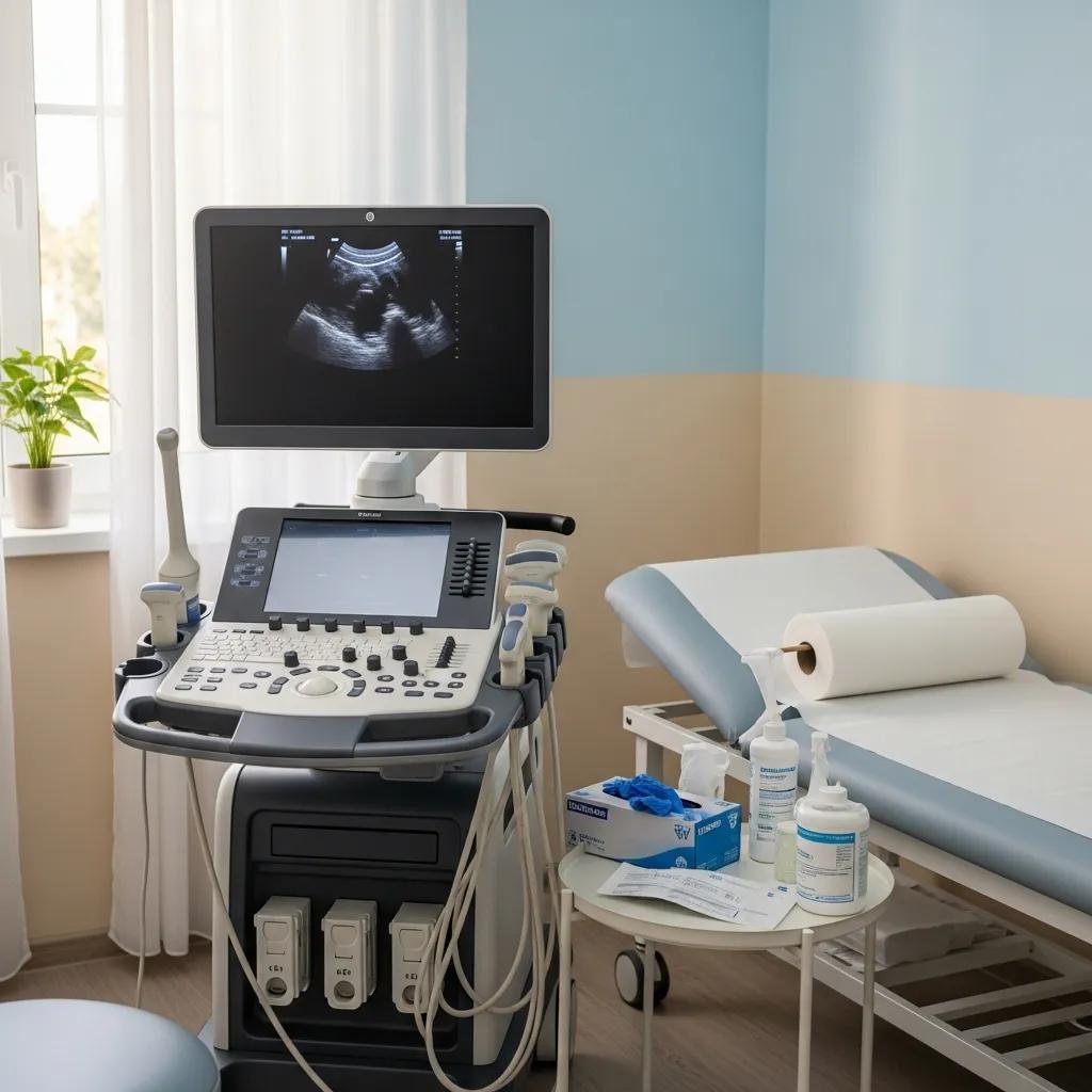Modern ultrasound machine in a calming medical clinic environment, featuring a monitor displaying an ultrasound image, with a nearby examination table and medical supplies for pelvic ultrasounds.
