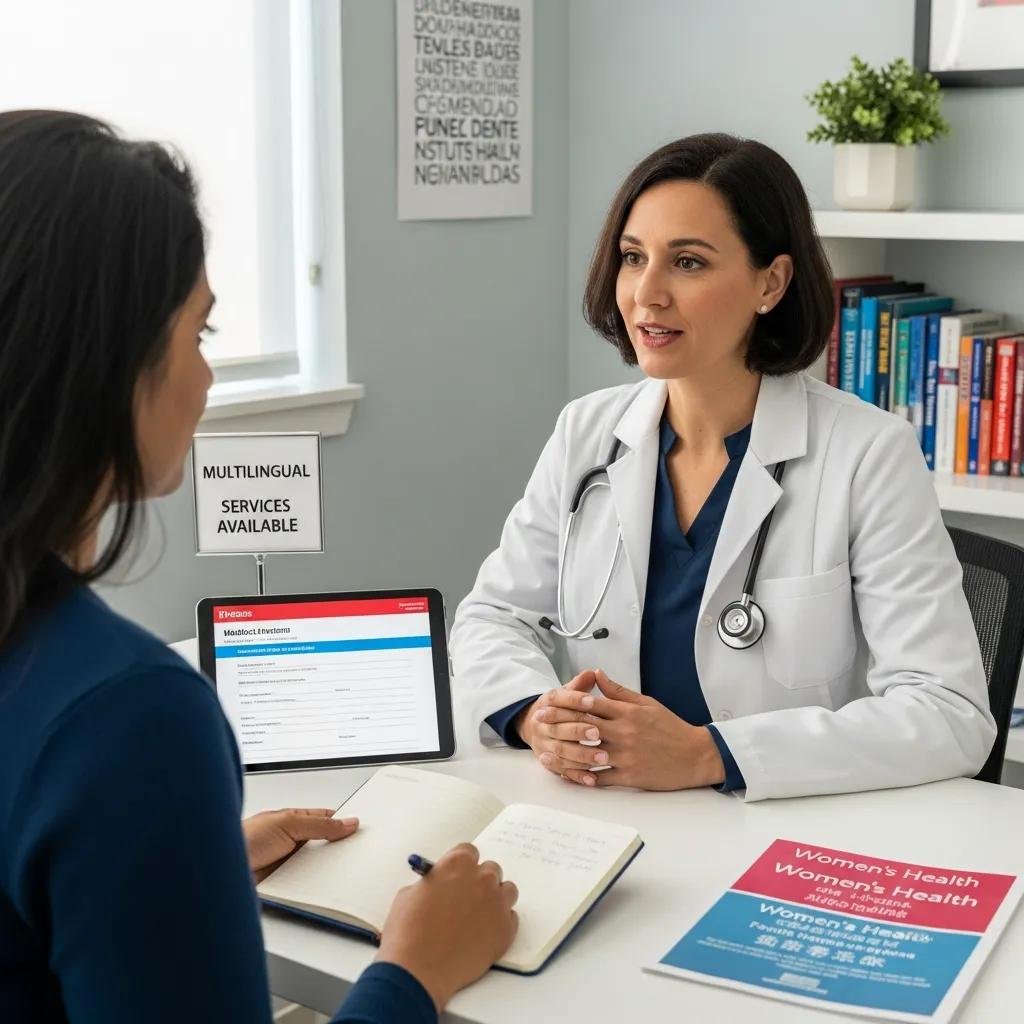 Multilingual consultation between a female gynaecologist and a patient