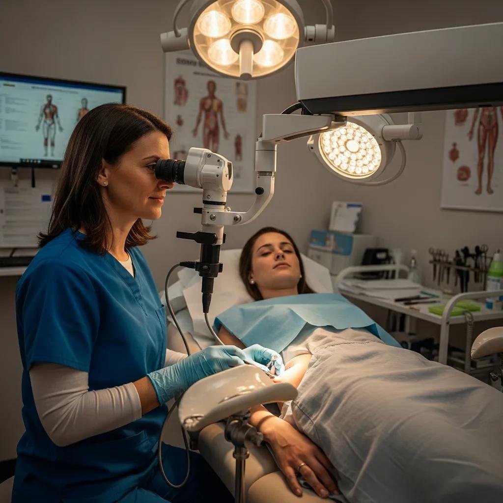 Patient undergoing colposcopy examination with gynecologist